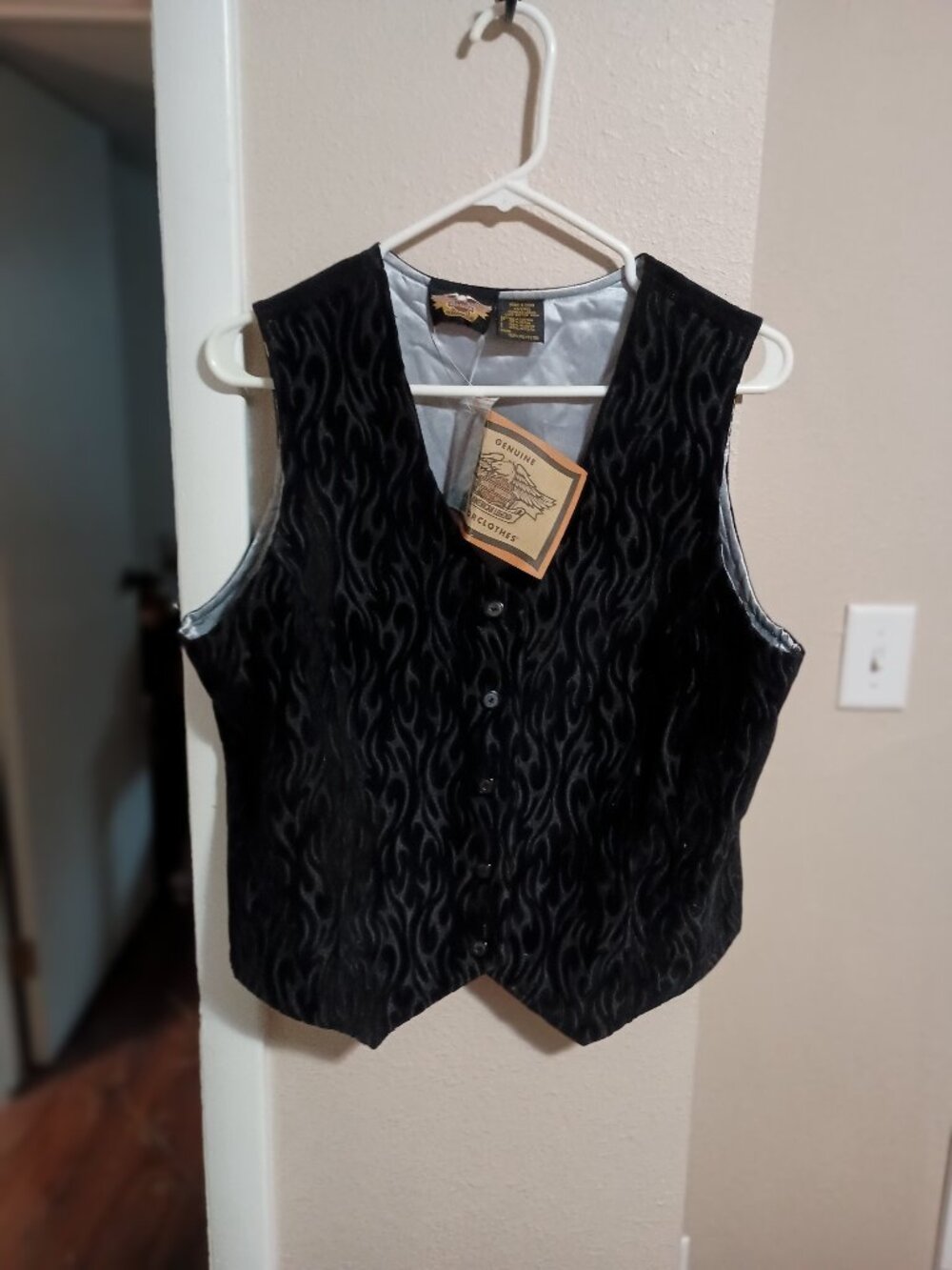 Harley Davidson Women Black Velveteen Flame Pattern Vest Size Large Brand New